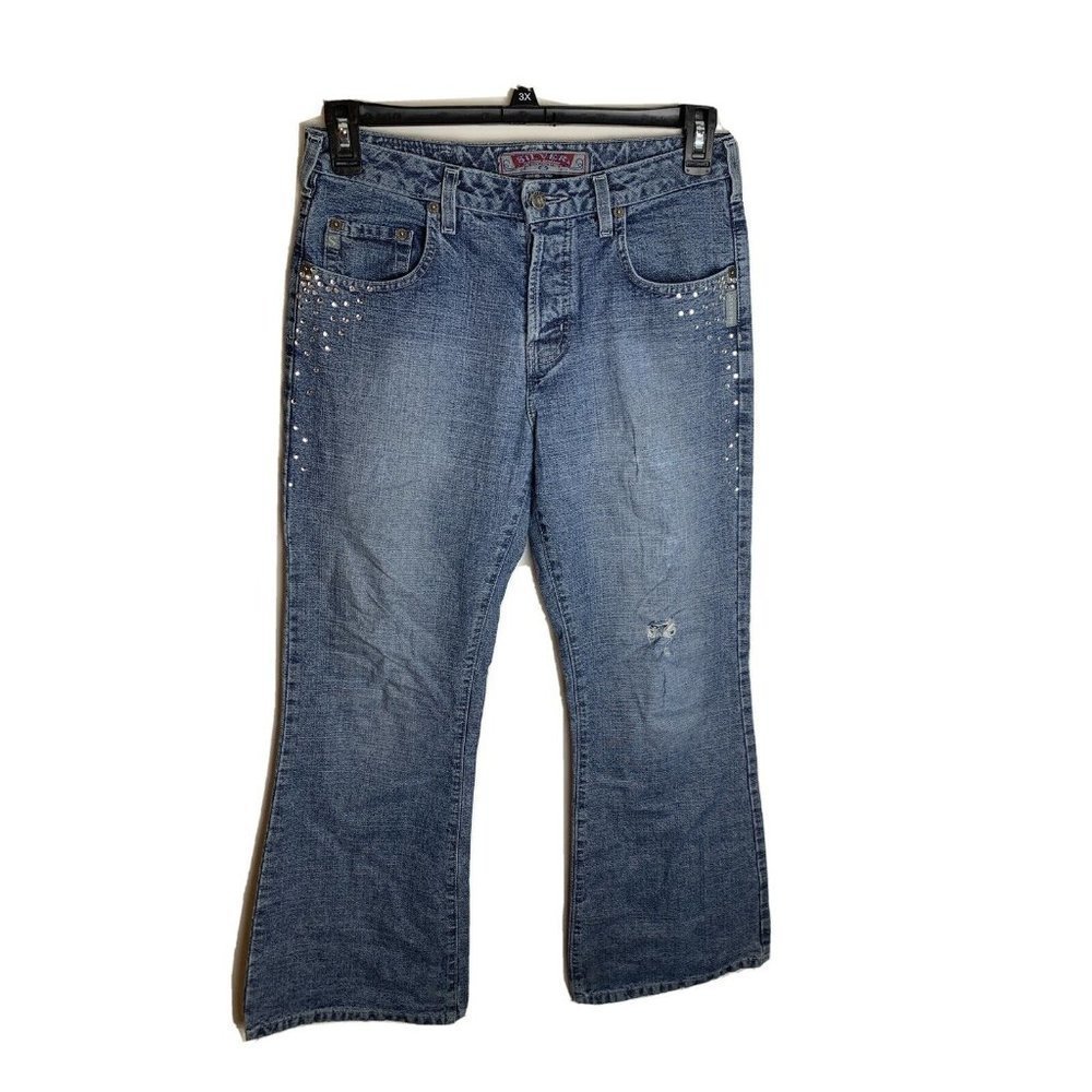 Womens Silver 30/31 Distressed Faded Button Fly Flare Blue Jeans Jewel
